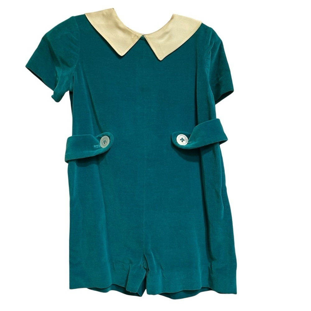Handmade Vintage Green Cotton Velvet Boy's Romper Bobby Suit White Collar Size